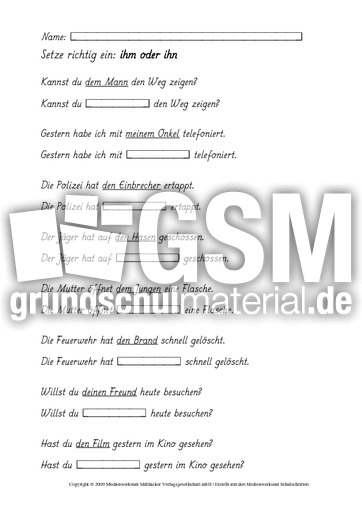 Arbeitsblatt ihm ihn oder What is